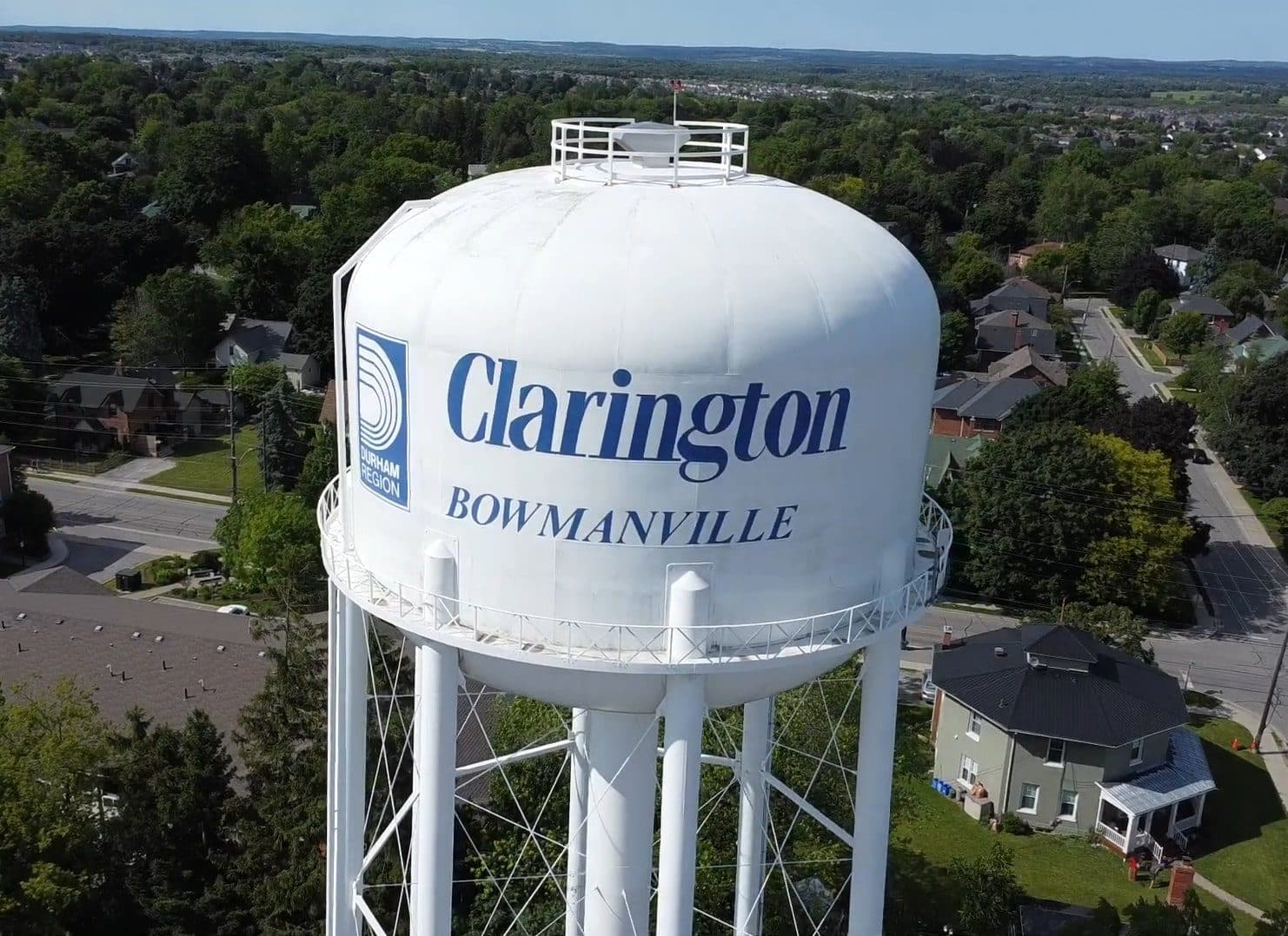 The historic Bowmanville water tower from above